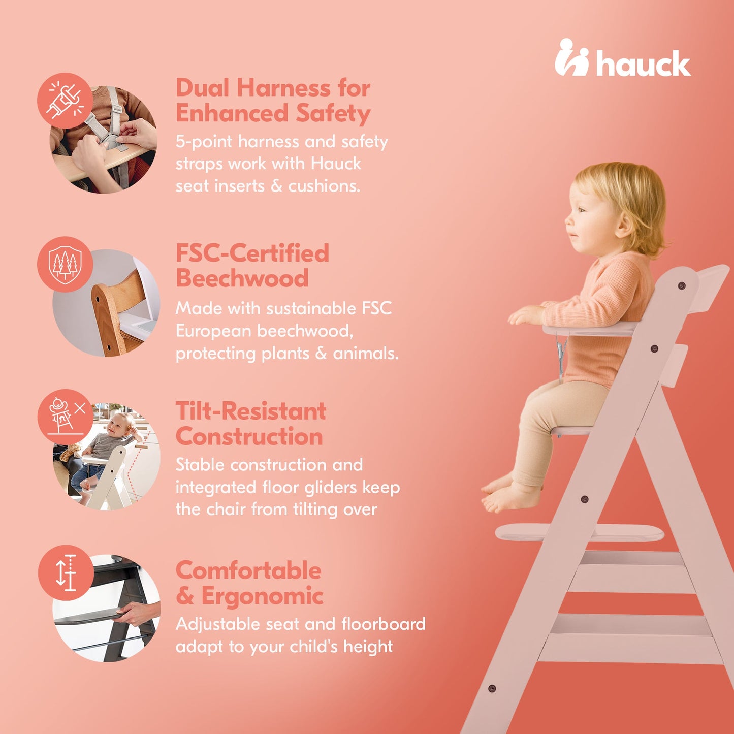 hauck Alpha+ Grow Along Adjustable Wooden Highchair, Beechwood, Rose Finish
