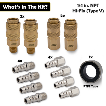 Hi-Flo Quick Connect Air Fittings | Plug & Coupler Kit - 1/4" NPT (Set of 12)