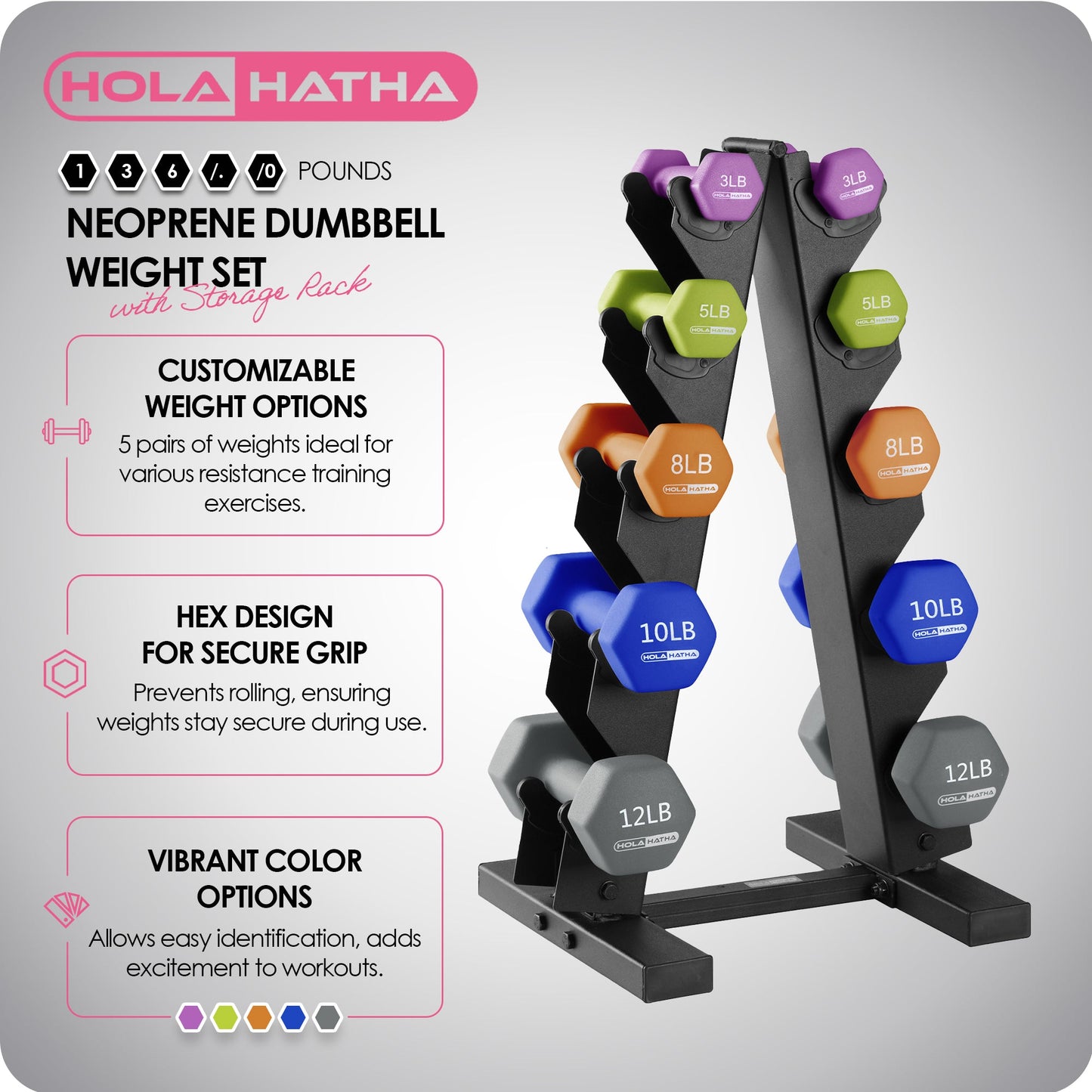 HolaHatha Dumbbell Hand Weights Set & Rack for Home Workout, 76 Lbs, Multicolor