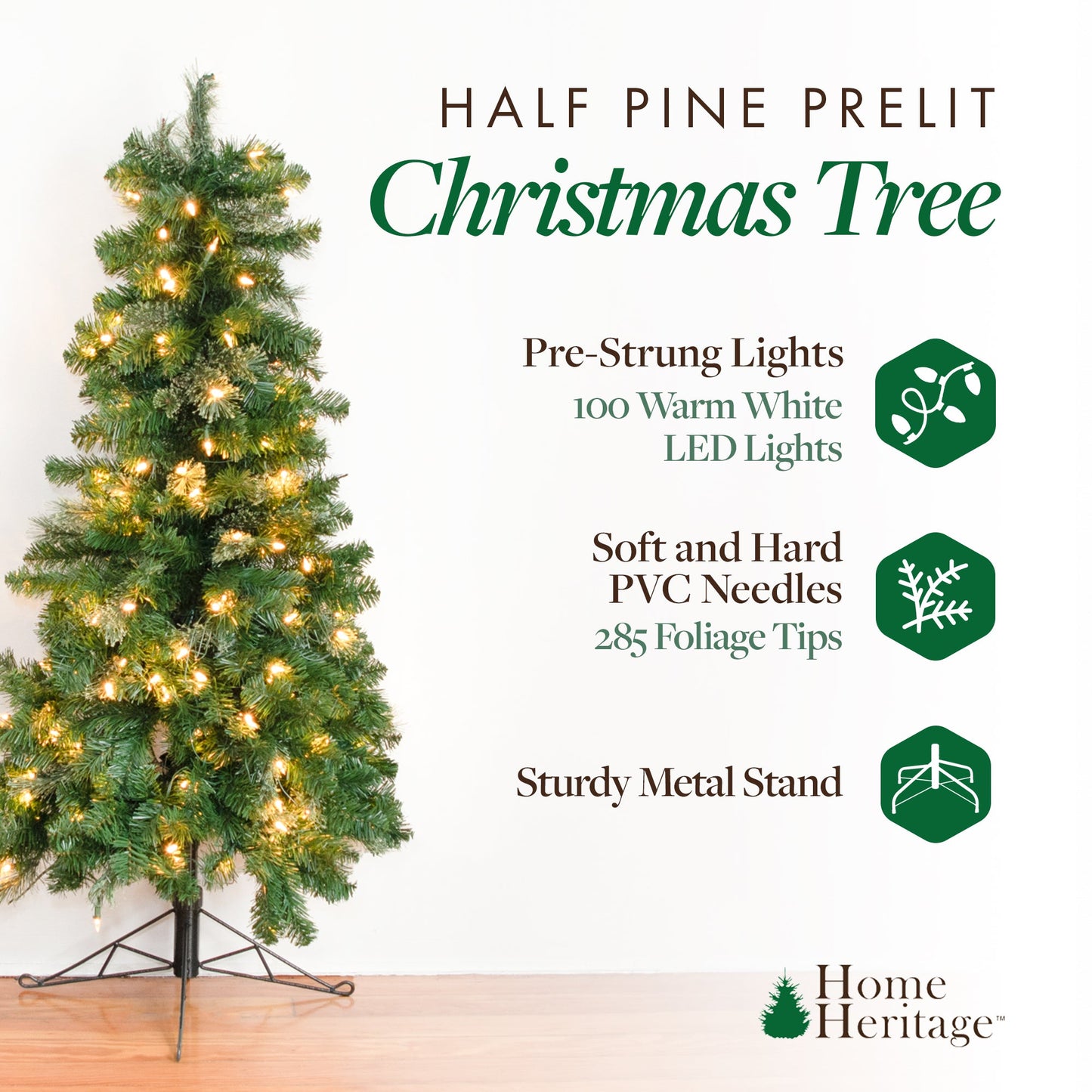 Home Heritage Half Pine 5' Pre-Lit Artificial Christmas Tree, 100 Warm White LED