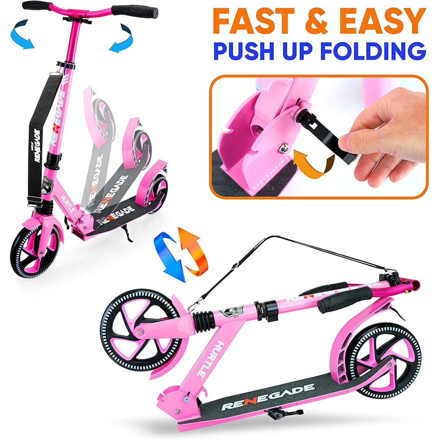 Hurtle Renegade Lightweight Foldable Teen and Adult Commuter Kick Scooter, Pink