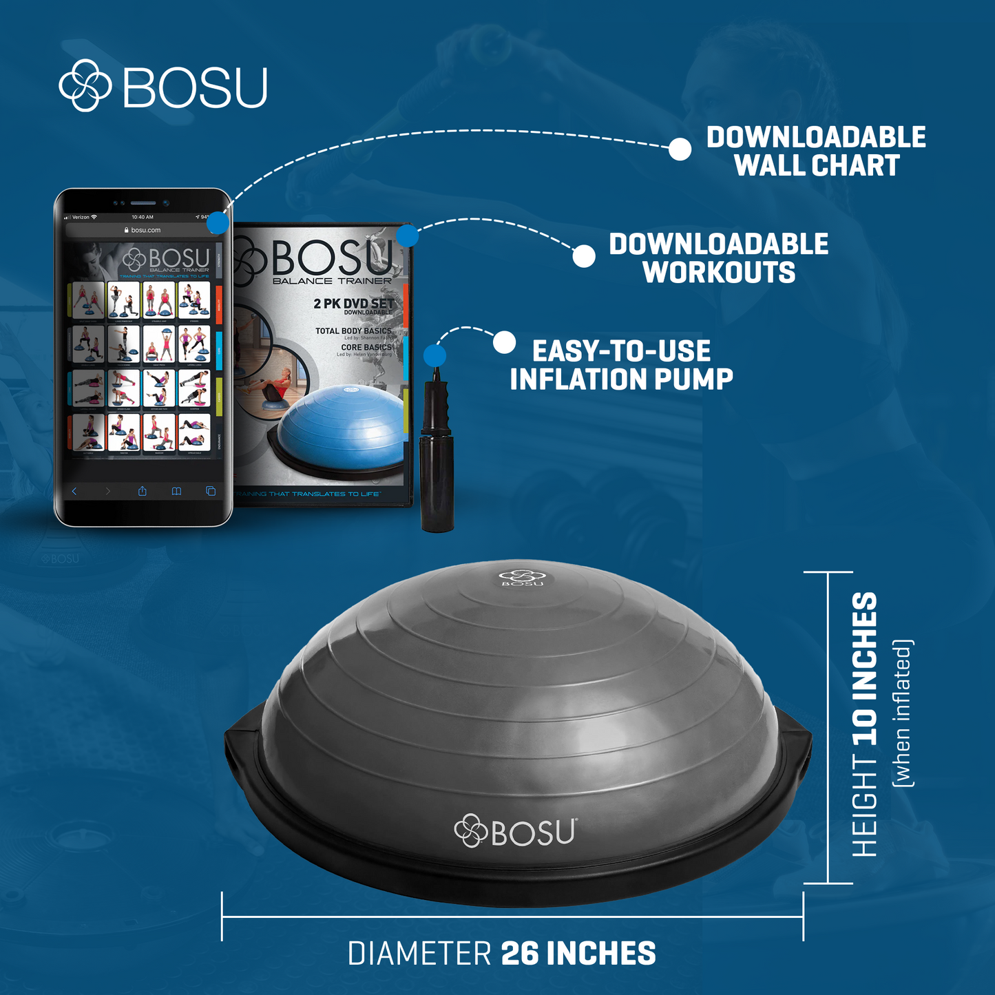 BOSU Pro BYOB Balance Fitness Core Training Workout Exercise Ball, Grey Black
