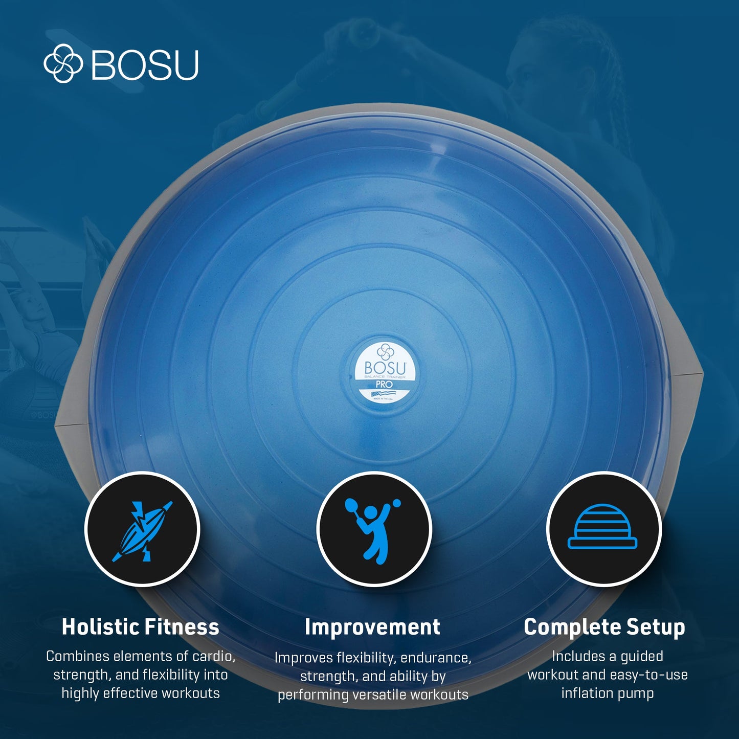 Bosu Pro Multifunctional Home Gym 26” Strength Trainer Ball Balance Board, Blue