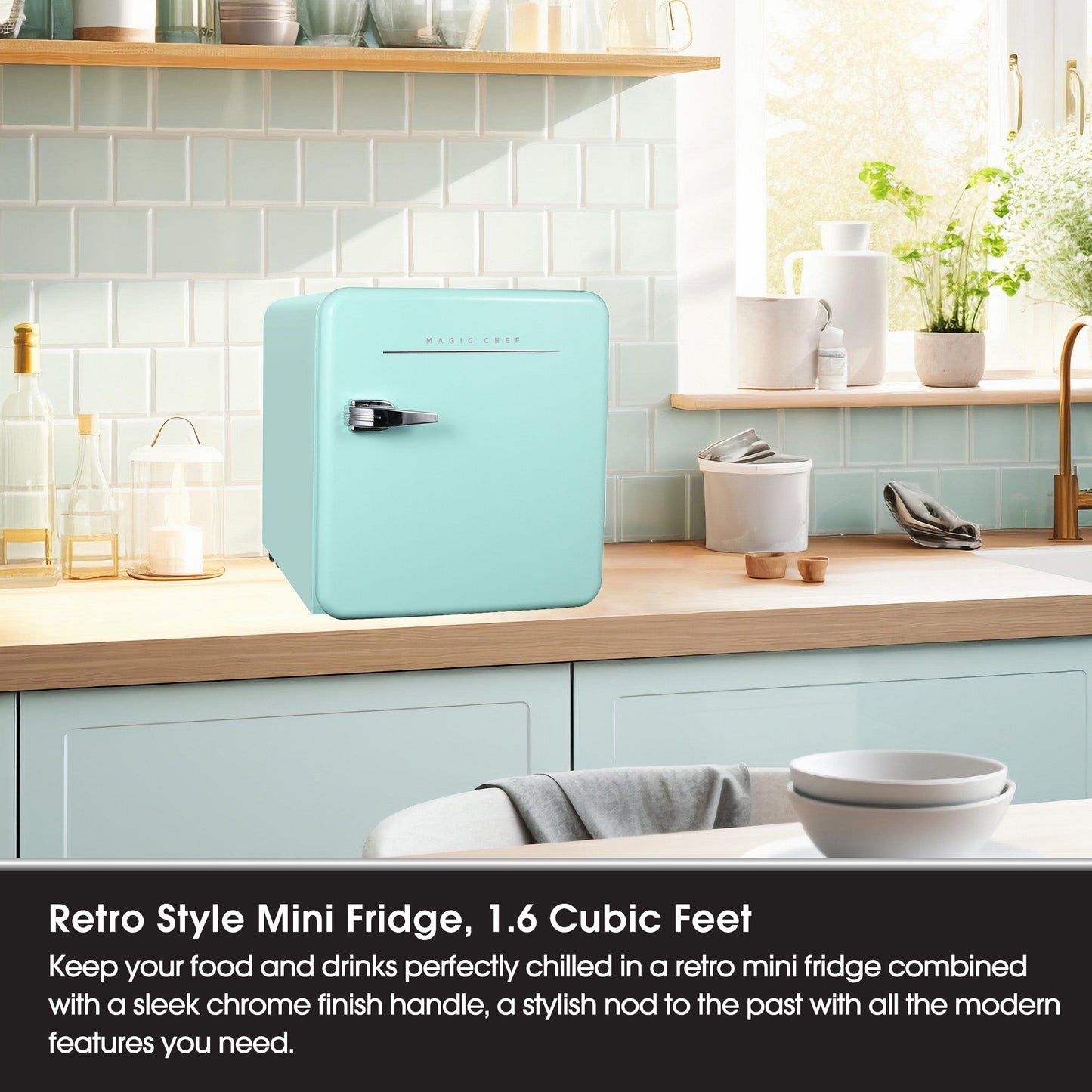 Magic Chef 1.6 Cubic Feet Retro Style Mini Fridge with Interior LED Light, Mint
