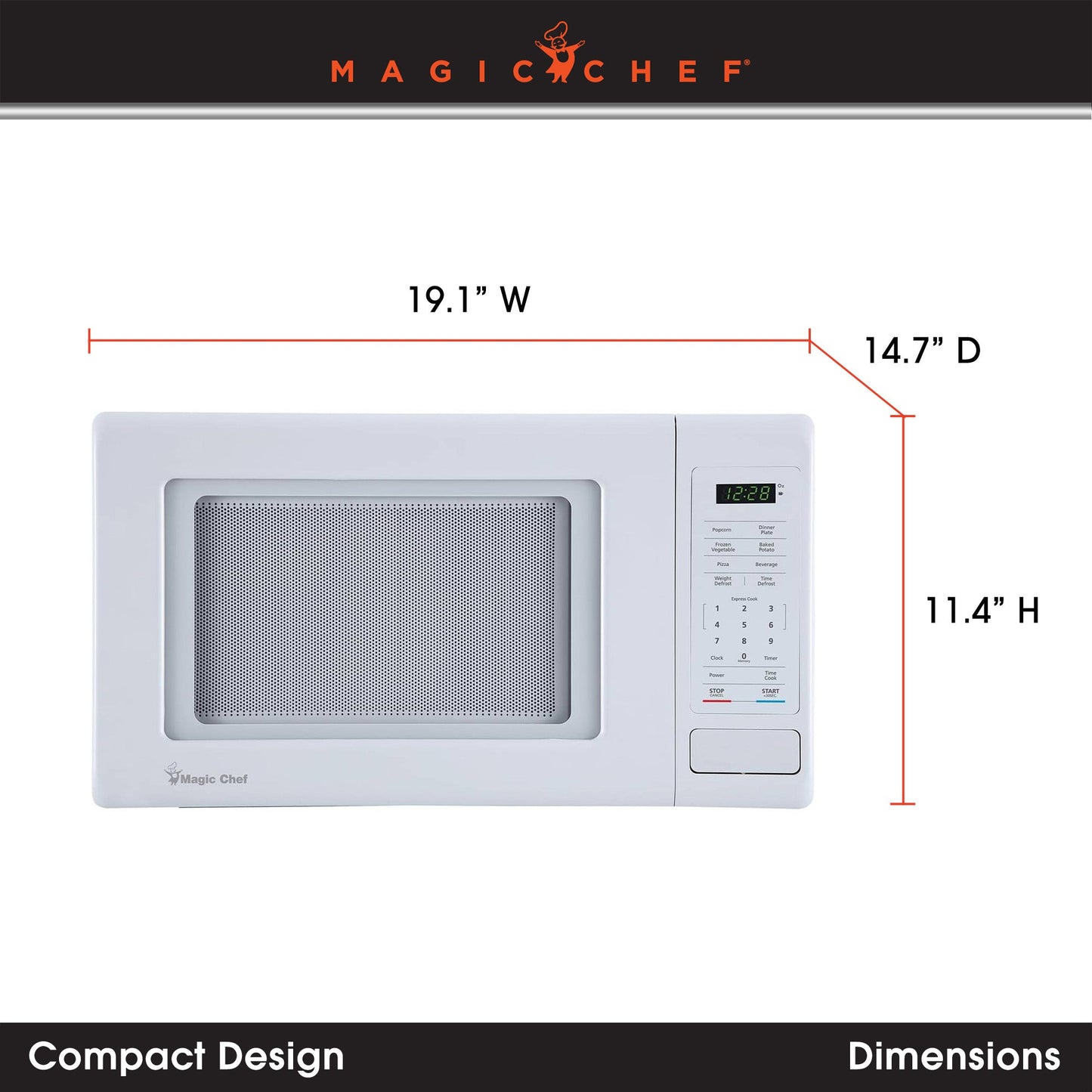 Magic Chef 0.9 Cubic Feet 900W Small Stainless Countertop Microwave Oven, White