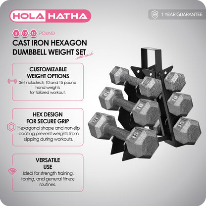 HolaHatha 5, 10 and 15 Pound Cast Iron Dumbbell Free Hand Weight Set with Rack