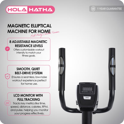 HolaHatha Magnetic Elliptical Machine for Home, Full Body Cardio Trainer, Black