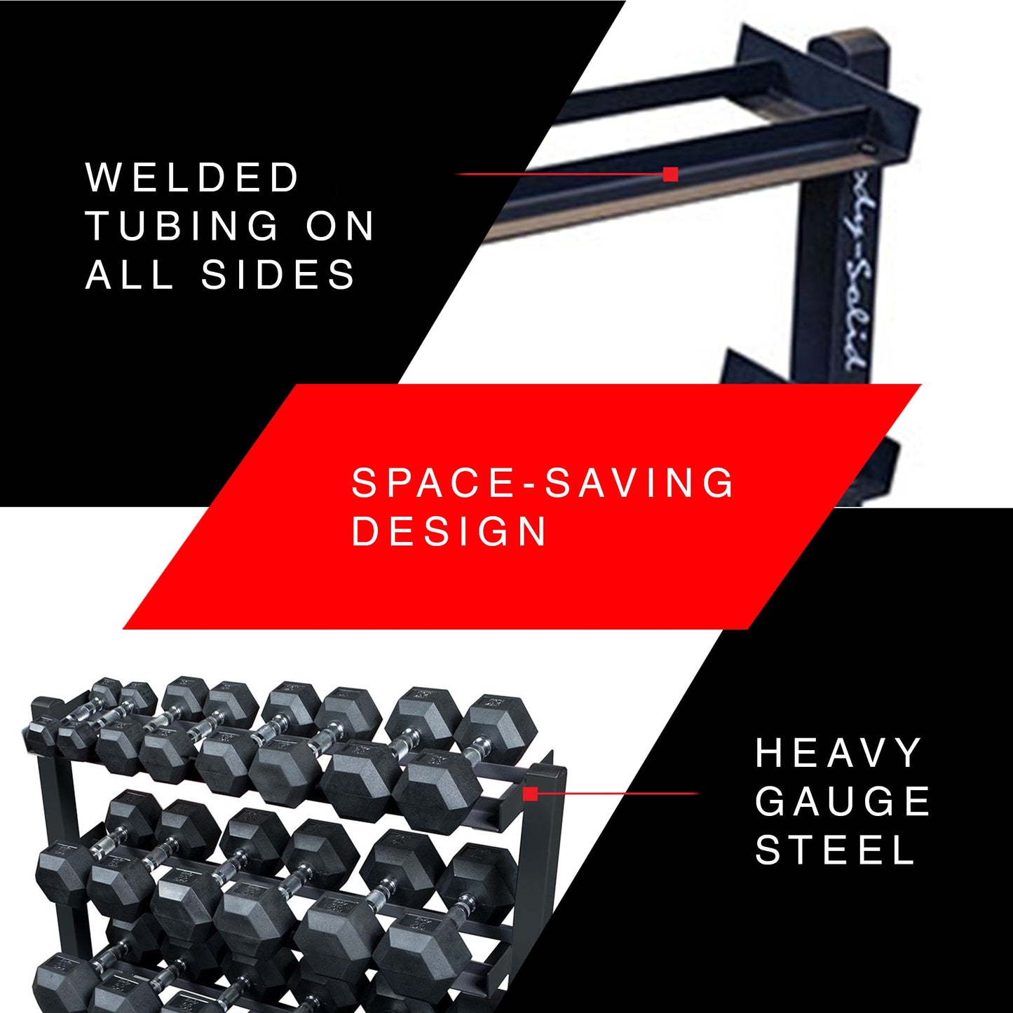 Body Solid 3 Tier Horizontal Dumbbell Rack with Heavy Gauge Steel Construction