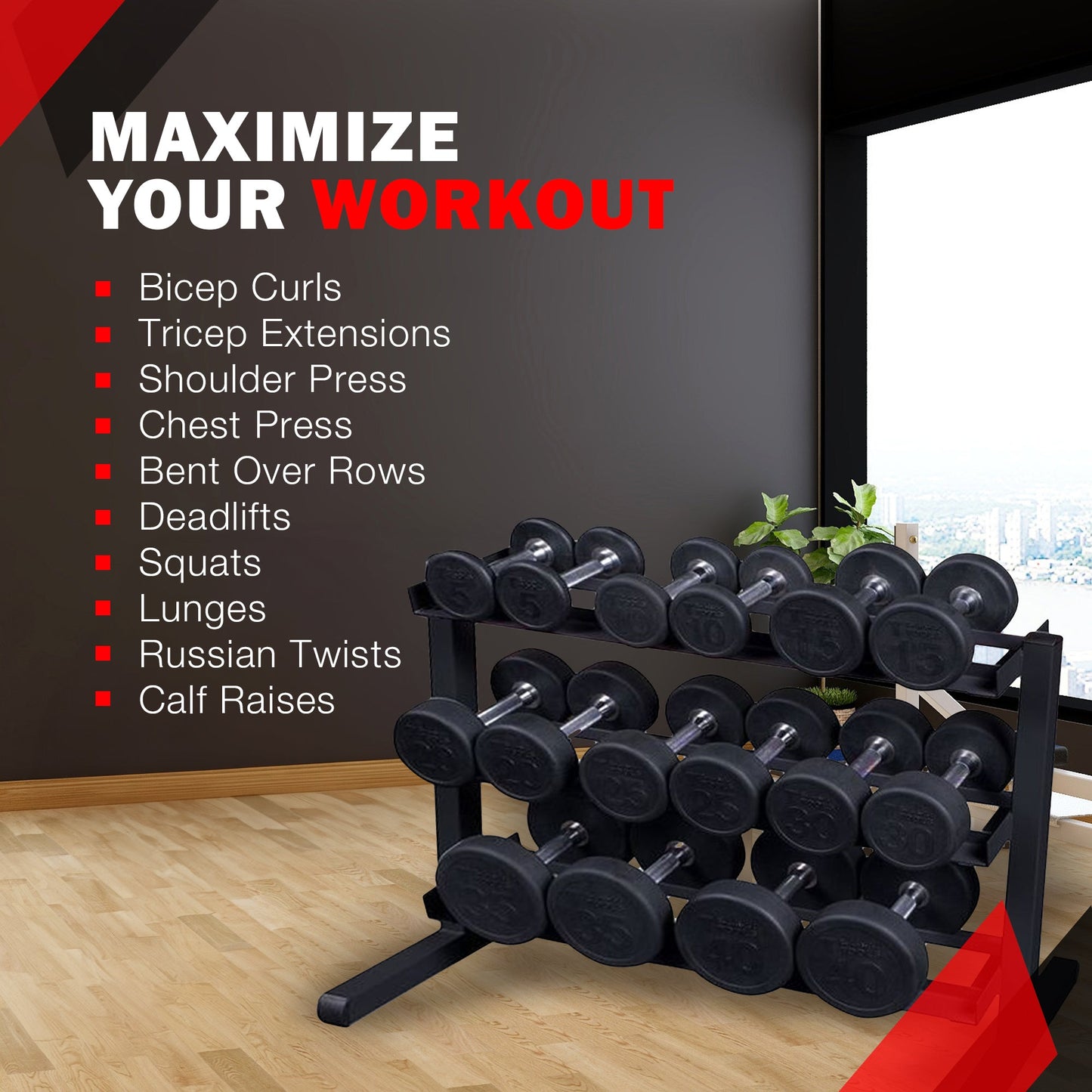 Body Solid 3 Tier Horizontal Dumbbell Rack with Heavy Gauge Steel Construction