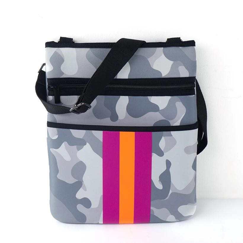 Light Grey Camo with Magenta/Orange stripe Neoprene Crossbody