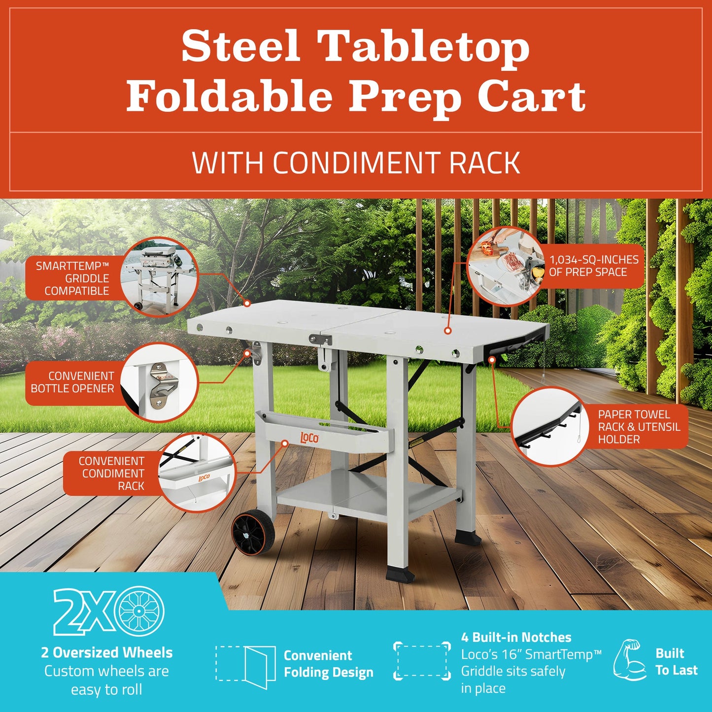 Loco Cookers Steel Tabletop Foldable Prep Cart with Condiment Holder, Chalk