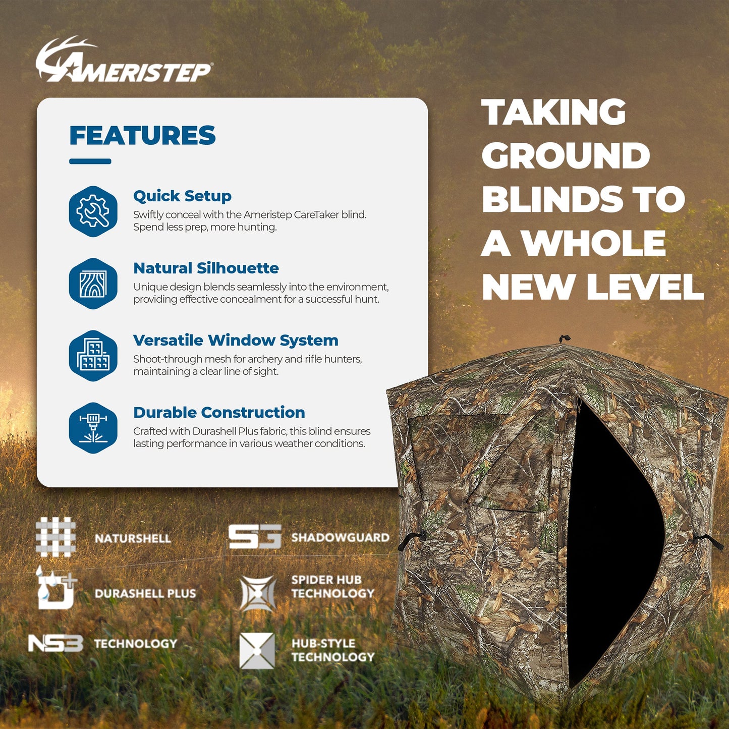 Ameristep Care Taker Pop-Up 2 Person Ground Hunting Concealment Blind, RealTree