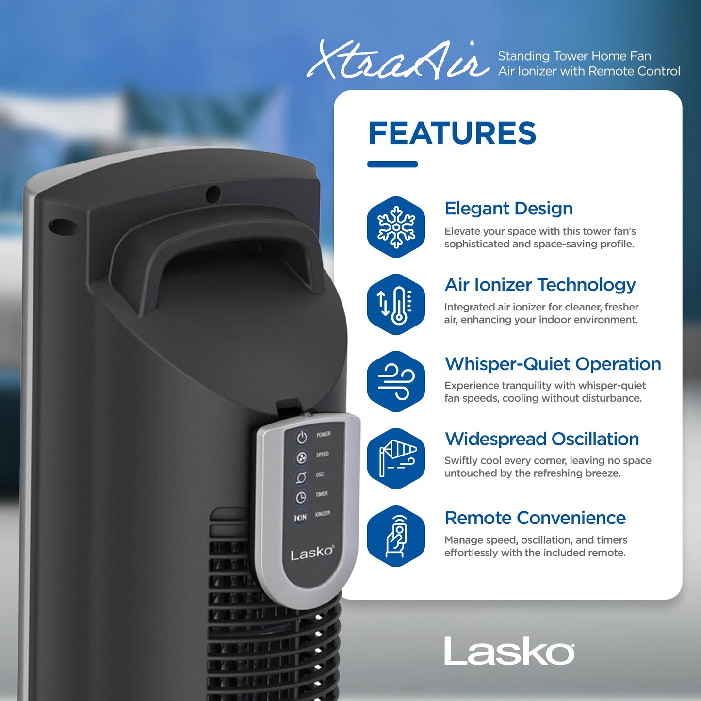 Lasko XtraAir 48 Inch Standing Tower Home Fan Air Ionizer with Remote Control