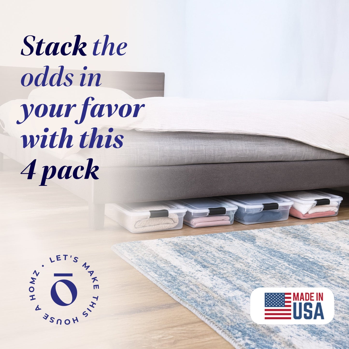 Homz 56 Qt Full/Queen Underbed Clear Plastic Latching Storage Container, 4 Pack