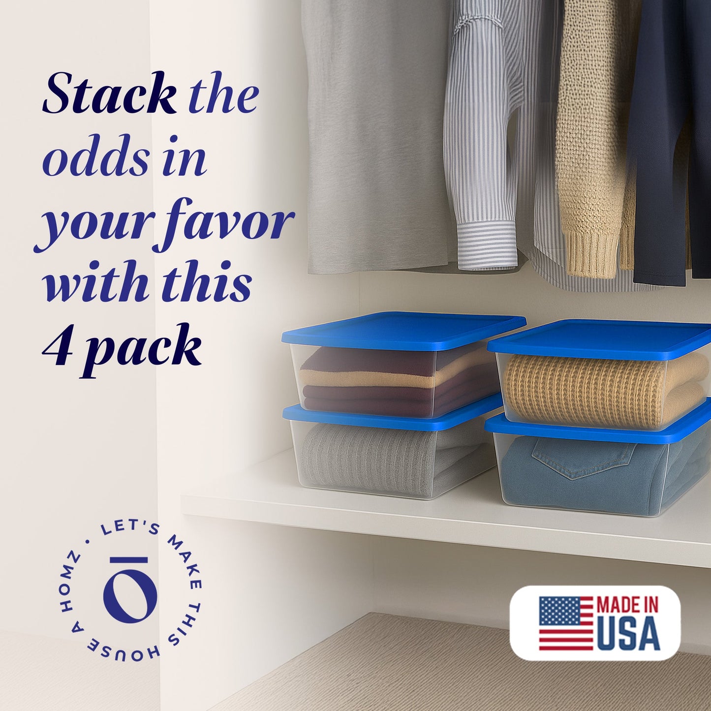 Homz 12 Qt Stackable Plastic Storage Container w/ Snaplock Lid, Blue (4 Pack)