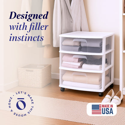 Homz Plastic 3 Clear Drawer Small Rolling Storage Container Tower, White Frame