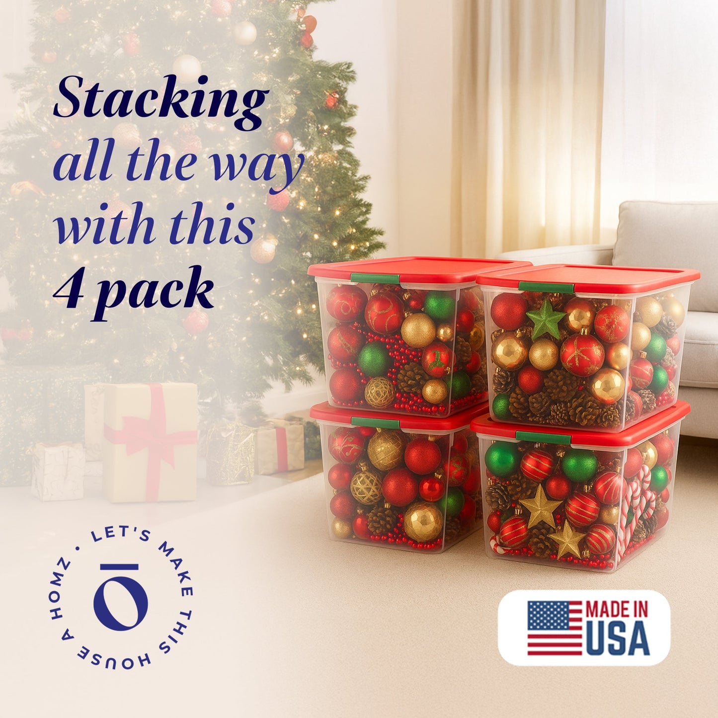 Homz 64 Qt Secure Latch Clear Plastic Storage Container Bin w/ Red Lid, 4 Pack