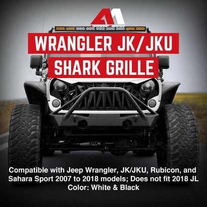 AMERICAN MODIFIED Front Shark Grille for 2007 to 2018 Jeep Models, White & Black