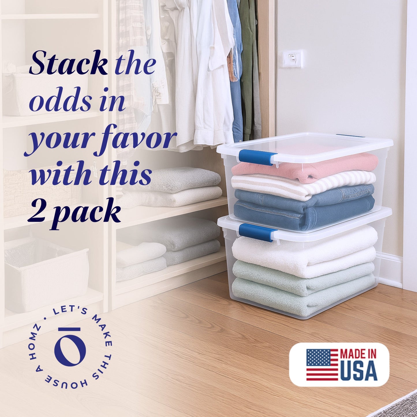 Homz 66 Qt Multipurpose Stackable Storage Bin with Latching Lids, Clear (2 Pack)