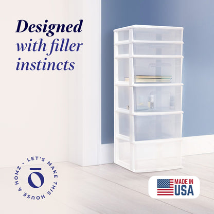 Homz Plastic 6 Clear Drawer Medium Home Storage Container Tower, White Frame