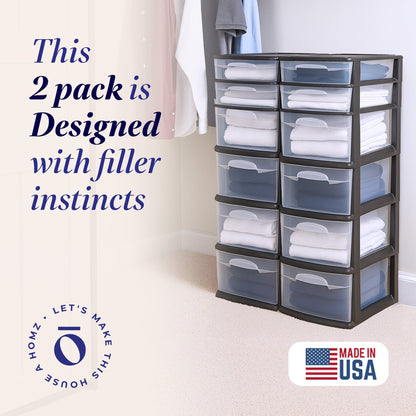 Homz Plastic 6 Clear Drawer Home Storage Container Tower, Black/Clear (2 Pack)