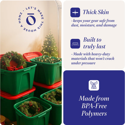 HOMZ 18 Gallon Heavy Duty Plastic Holiday Storage Totes, Green/Red (4 Pack)