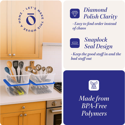 Homz 12 Qt Stackable Plastic Storage Container w/ Snaplock Lid, Blue (4 Pack)