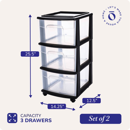 Homz Plastic 3 Drawer Medium Storage Tower, Clear Drawers & Black Frame (2 Pack)