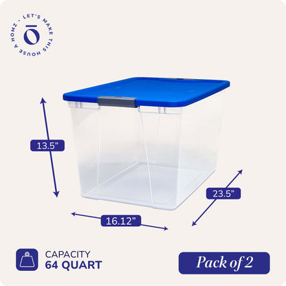 Homz 64 Qt Secure Latch Large Clear Stackable Storage Container w/ Lid (2 Pack)