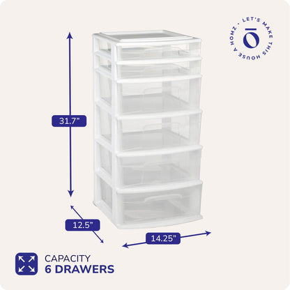 Homz Plastic 6 Clear Drawer Medium Home Storage Container Tower, White Frame