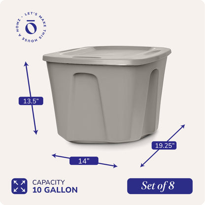 Homz 10 Gallon Heavy Duty Plastic Storage Container, Titanium Silver (8 Pack)