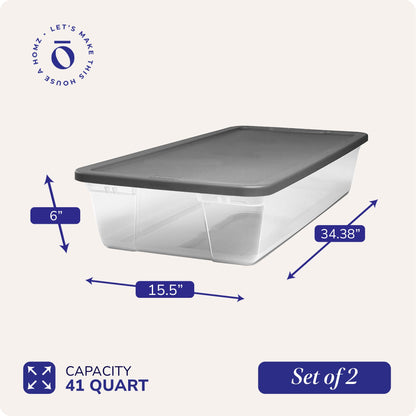 Homz 41 Quart Stackable Plastic Under Bed Storage Containers with Lid, (2 Pack)