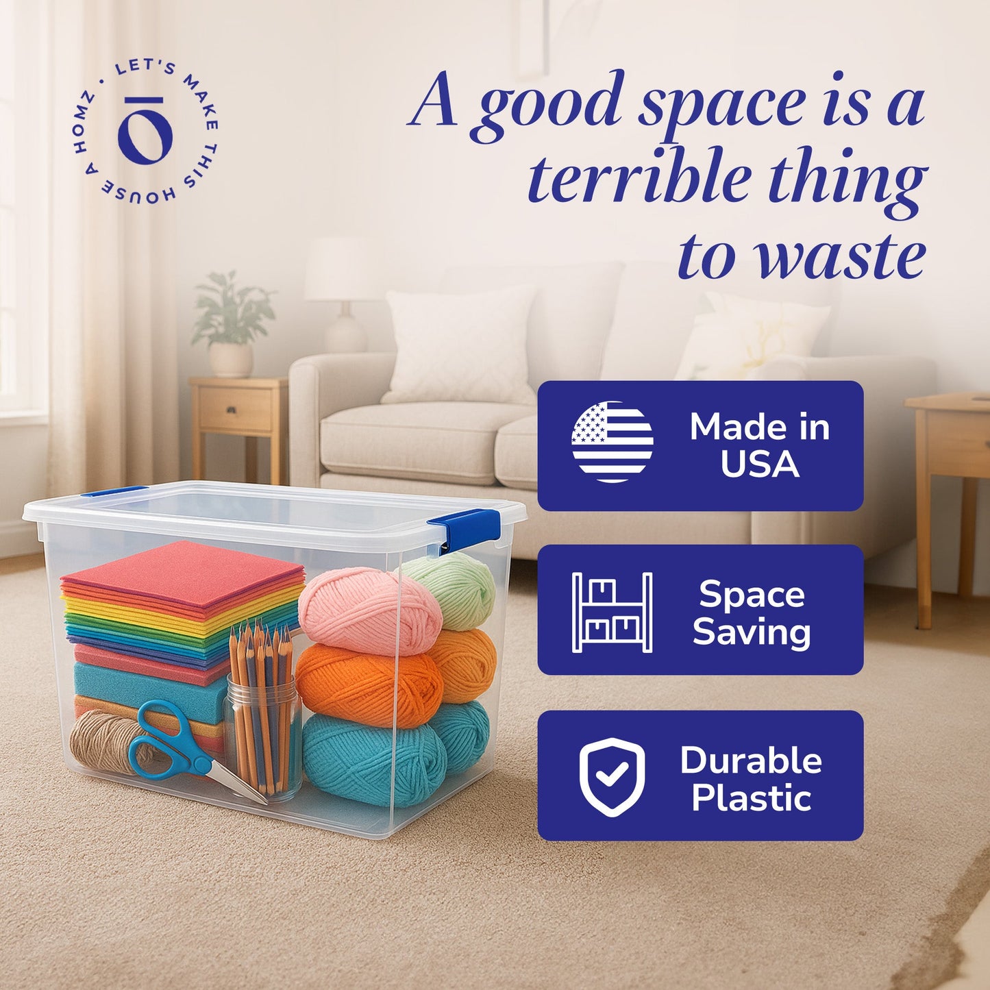 Homz 112-Quart Clear Plastic Stackable Storage Containers w/ Latch Lid, 6 Pack