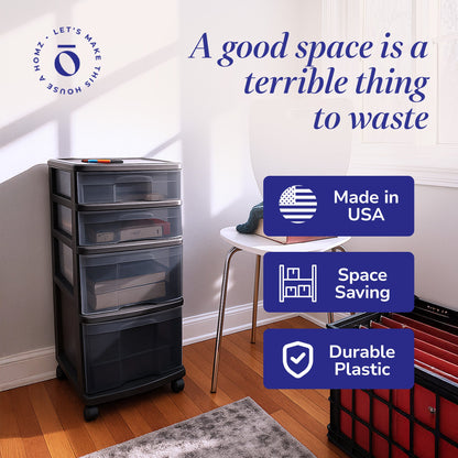 Homz Tall Solid Plastic 4 Drawer Medium Storage Cart with Caster Wheels, Black