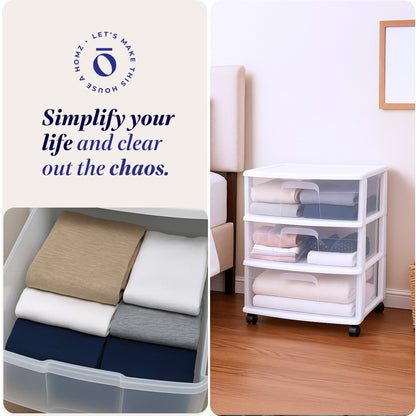 Homz Plastic 3 Clear Drawer Small Rolling Storage Container Tower, White Frame