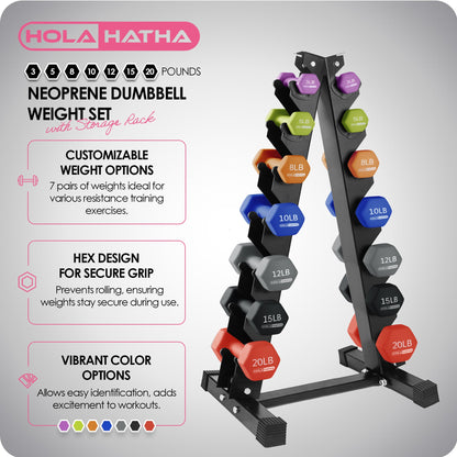 HolaHatha 146 Pound Neoprene Dumbbell Full Body Weight Set with Storage Rack