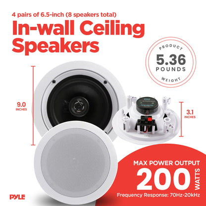Pyle PDIC1661RD 6.5 Inch 200 Watt In Ceiling Wall 2 Way Speaker System (4 Pairs)
