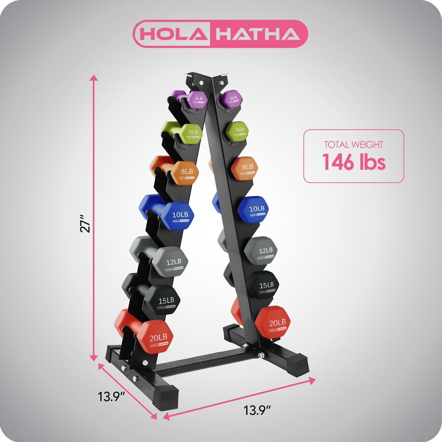 HolaHatha 146 Pound Neoprene Dumbbell Full Body Weight Set with Storage Rack