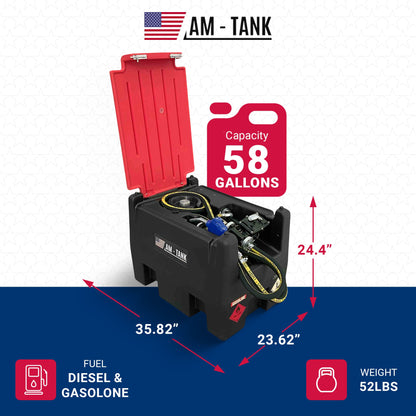 AM-TANK 58 Gallon Gasoline & Diesel Fuel Tank with 12 Volt Pump and Covering Lid