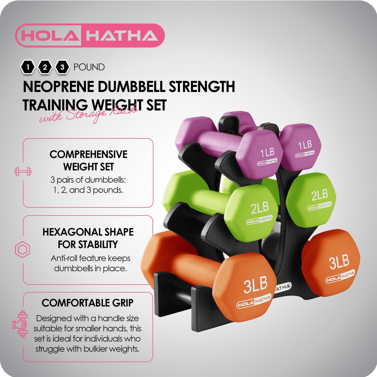 HolaHatha 1, 2 and 3 lb Neoprene Dumbbell Strength Training Weight Set with Rack