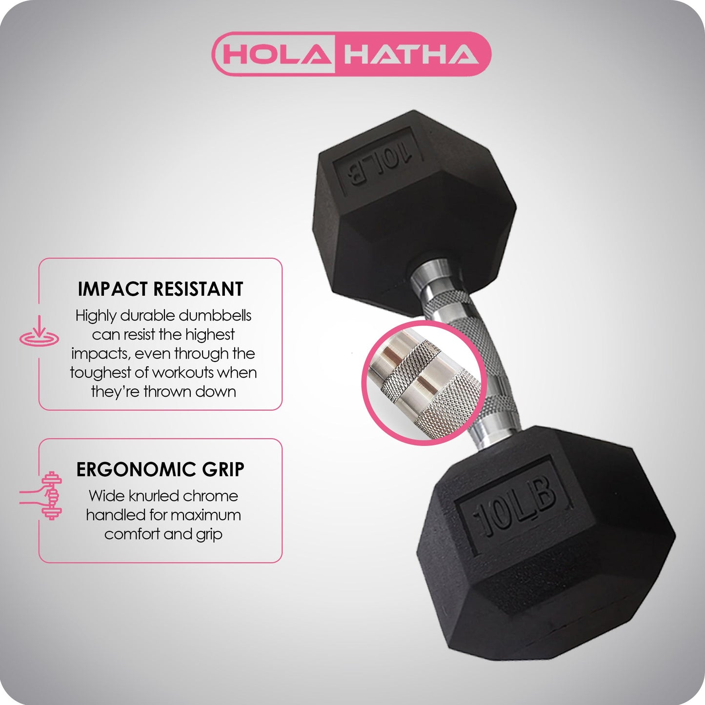 HolaHatha 5, 10, 15, 20 & 25 Pound Hexagonal Dumbbell Weight Set w/Rack, Black