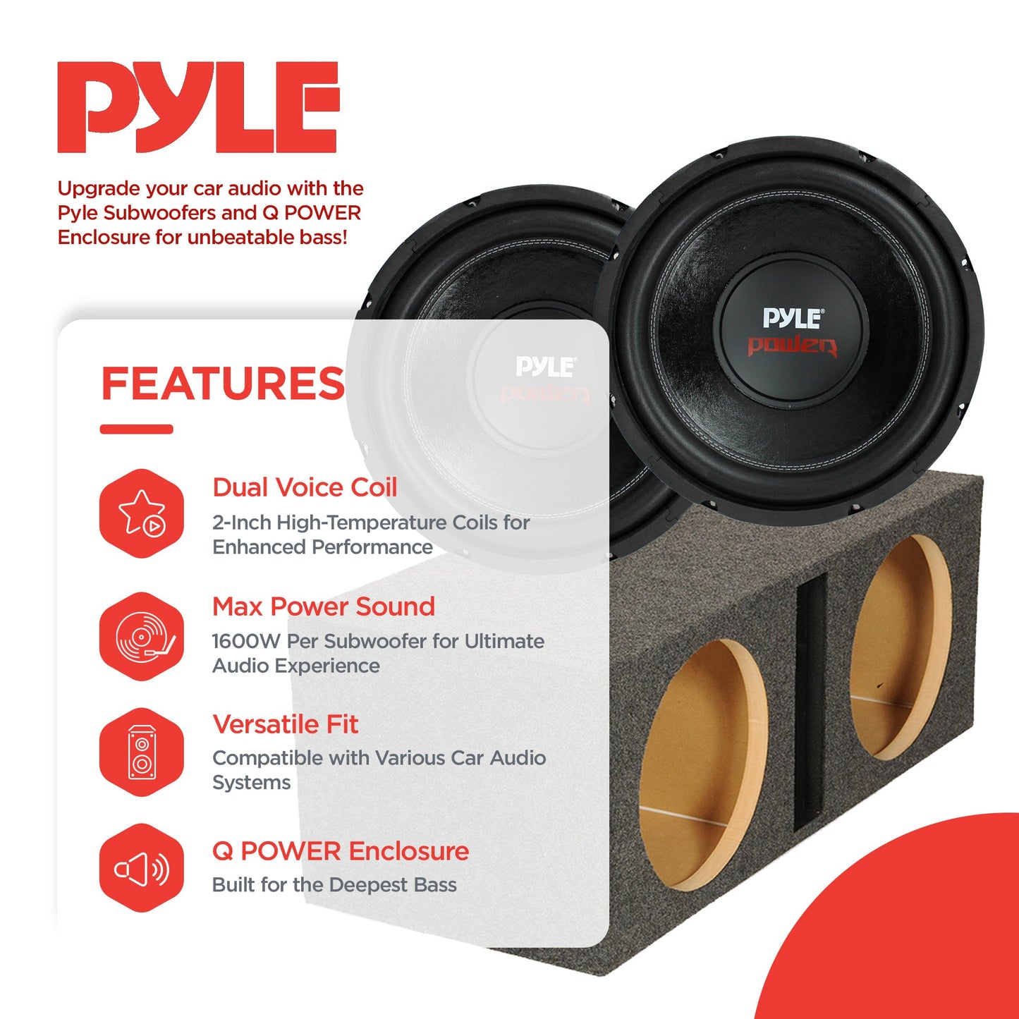 Pyle PLPW12D 12" 3200W 4-Ohm DVC Car Subwoofer Sub and Dual Ported Enclosure