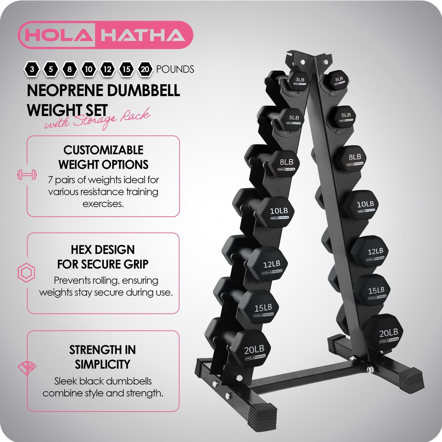 HolaHatha 146 Pound Neoprene Dumbbell Full Body Weight Set with Storage Rack