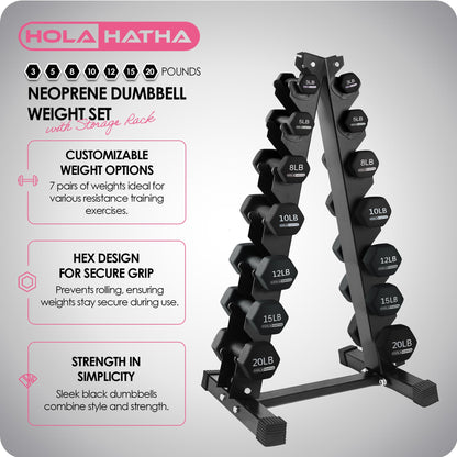 HolaHatha 146 Pound Neoprene Dumbbell Full Body Weight Set with Storage Rack