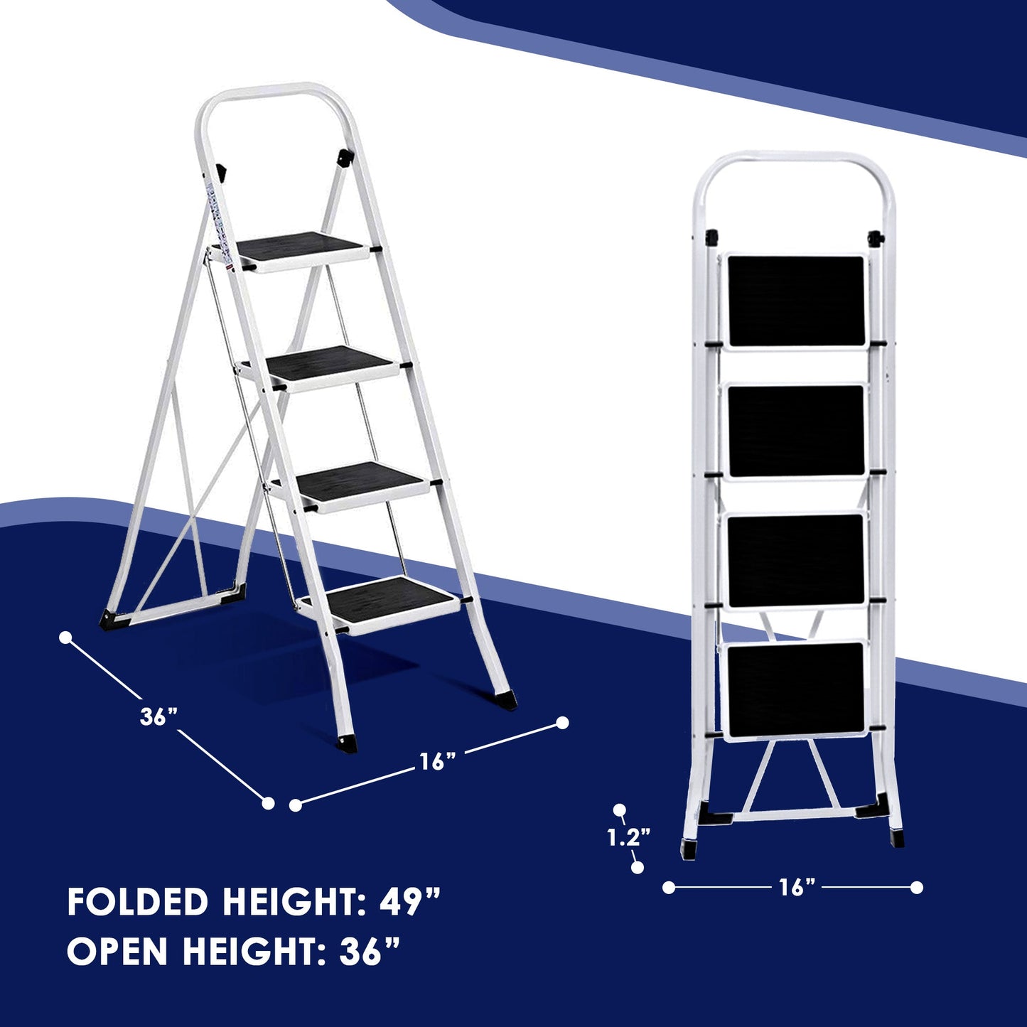 Delxo Alloy Steel Folding 4 Step Stool Portable Ladder with Hand Grip, White
