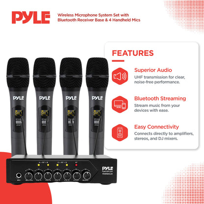 Pyle Wireless Microphone System Set w/ Bluetooth Receiver Base & 4 Handheld Mics