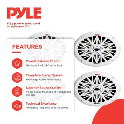 Pyle 260 Watts 4 Ohms Water Resistant 2 Way Boat Marine Speakers, White, 4 Pack