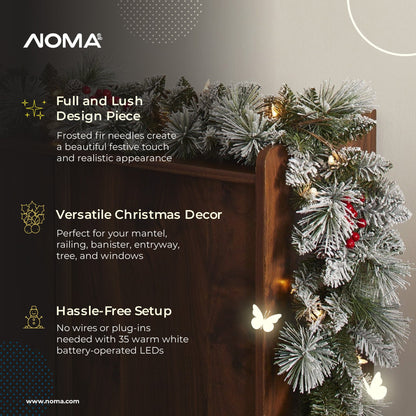 NOMA Snow Dusted Berry 9 Foot Pre Lit Christmas Garland Holiday Decor (2 Pack)