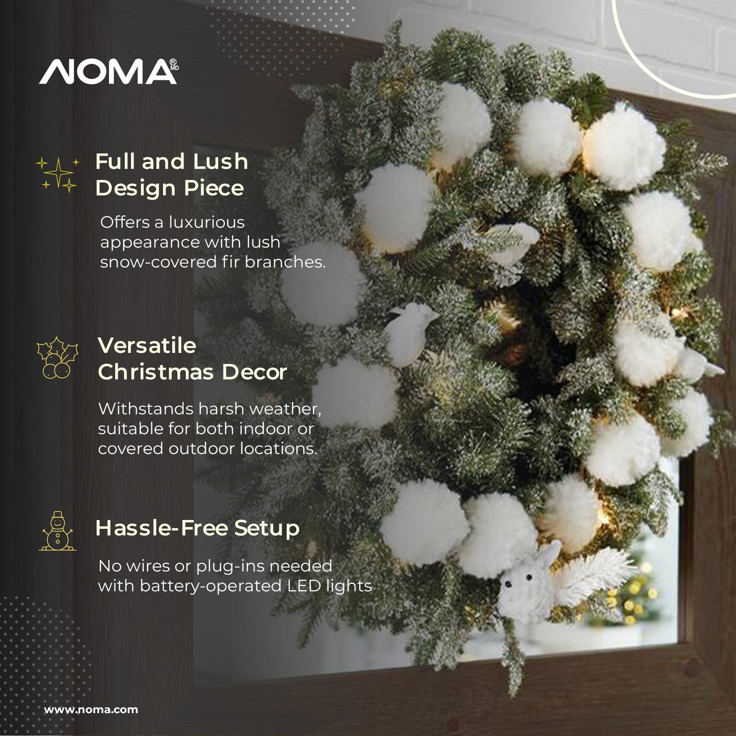 NOMA 24" Pre-Lit Flocked Frosted Fir Christmas Wreath with 25 Warm White Lights