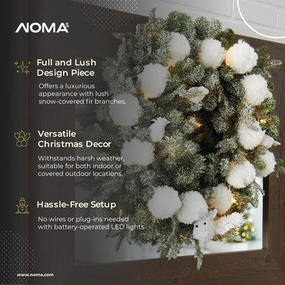 NOMA 24" Pre-Lit Flocked Frosted Fir Christmas Wreath with 25 Warm White Lights